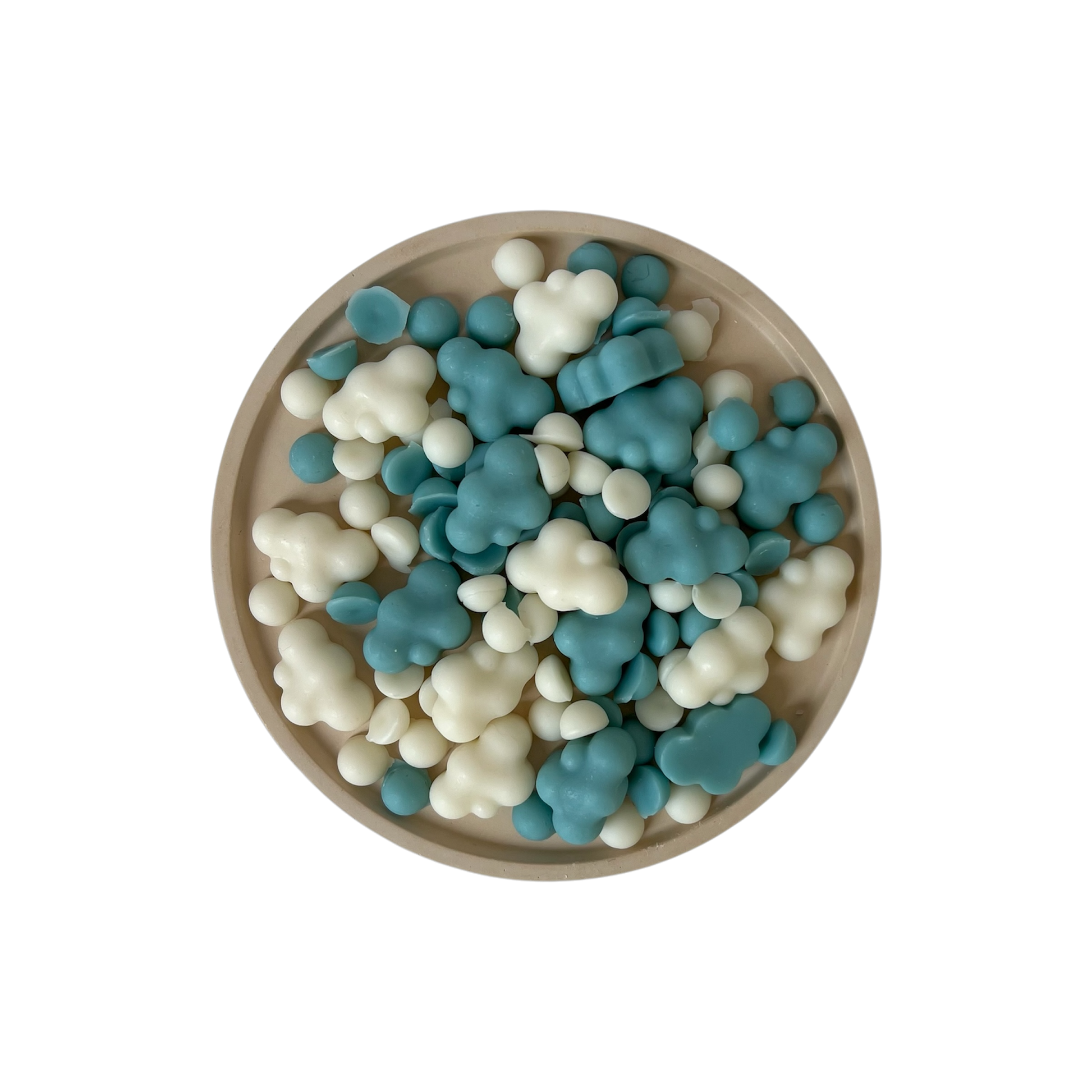 Αρωματικά συνεφάκια από φυτικό κερί σόγιας και μελισσοκέρι σε χρώμα μπλε και λευκό για χρήση σε καυστήρα κεριού (wax melter), με επιλογές αρωμάτων στην κατηγορία clean and musky ( αρώματα φρεσκάδας) 